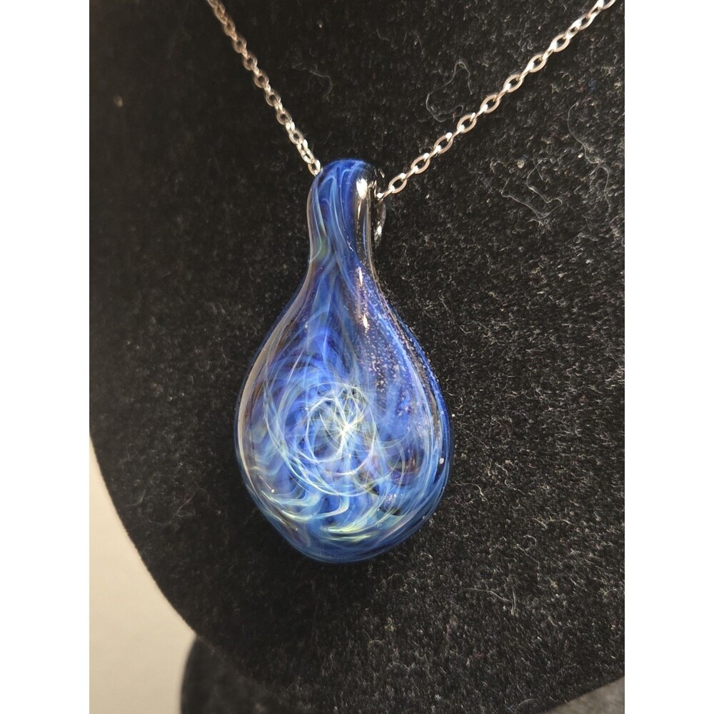 Borosilicate Glass Teardrop Pendant with Blue White Spiral Nebula Design, 2"